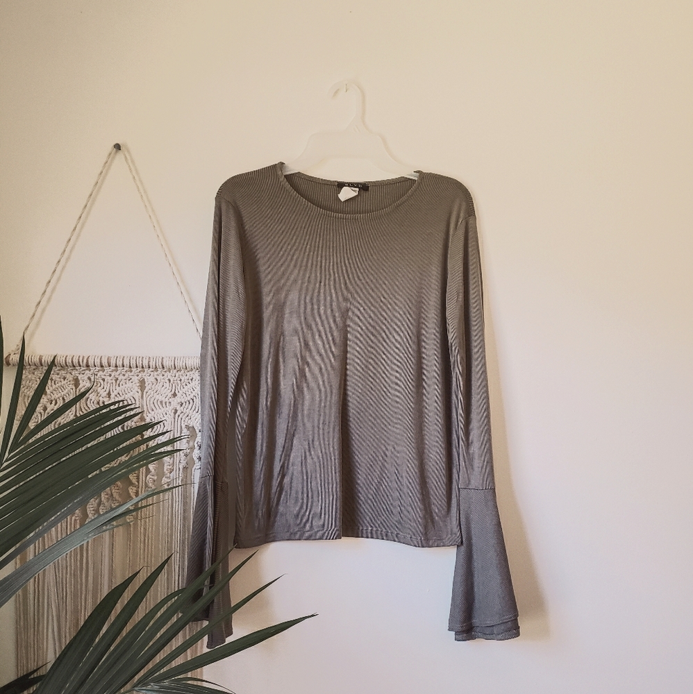 BLVD Olive Green Bell Sleeve Ribbed Shirt